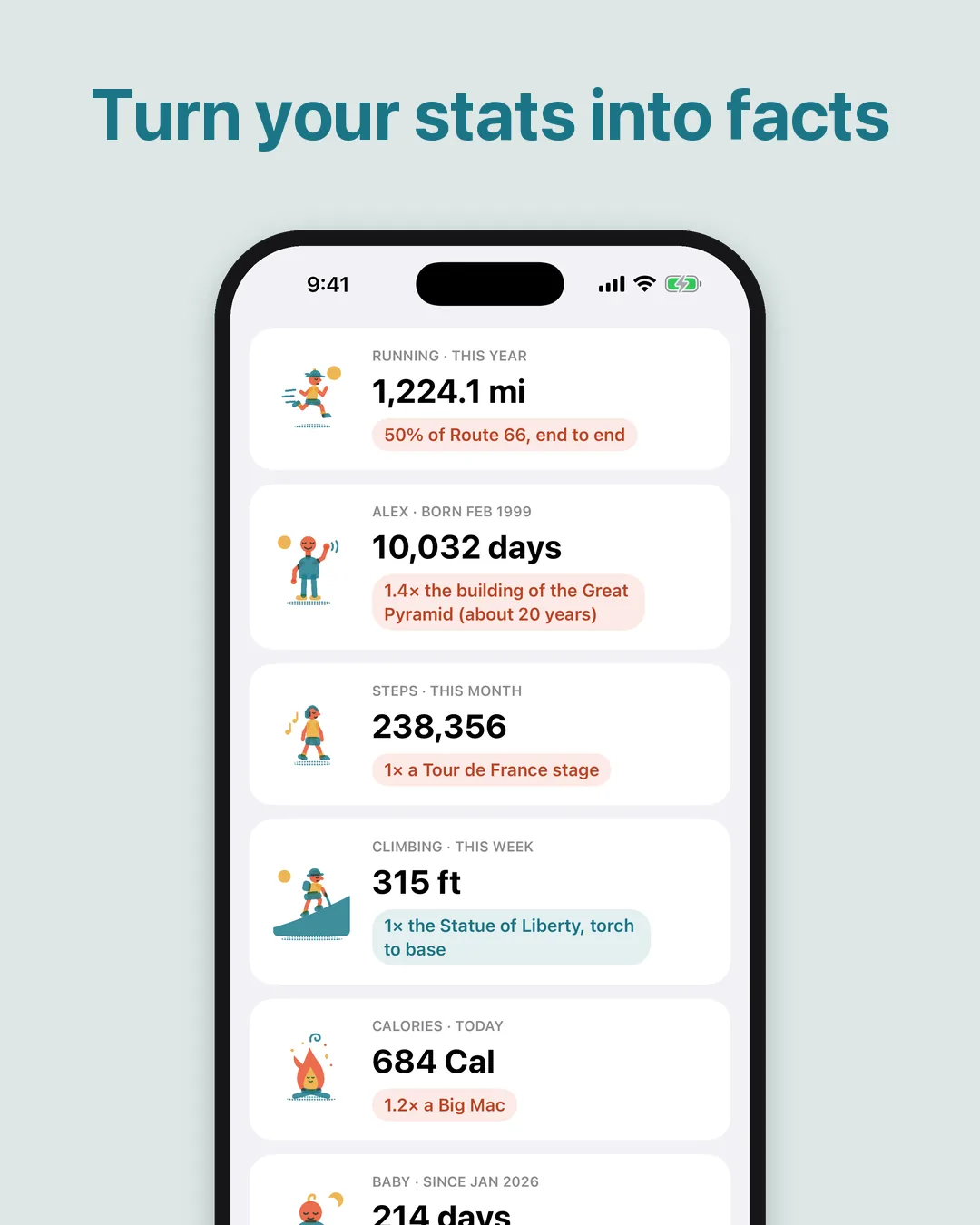 Humblebrag on iPhone: running distance, days lived, steps and calories, each with its comparison
