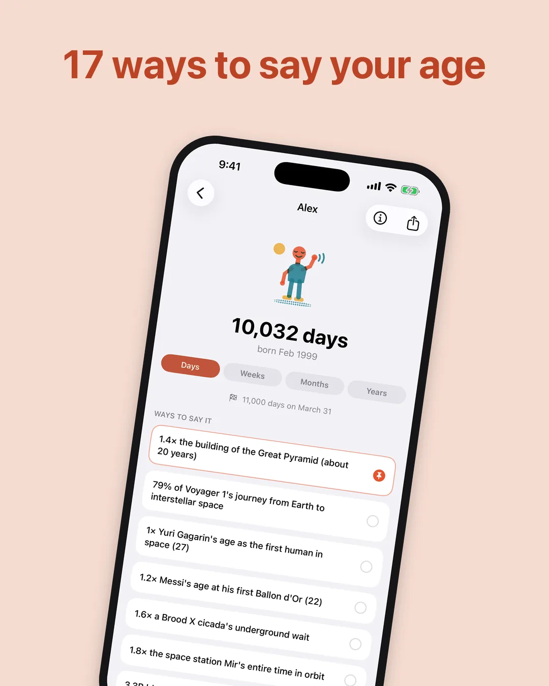 A Humblebrag screen showing one age restated many different ways, each with its own source